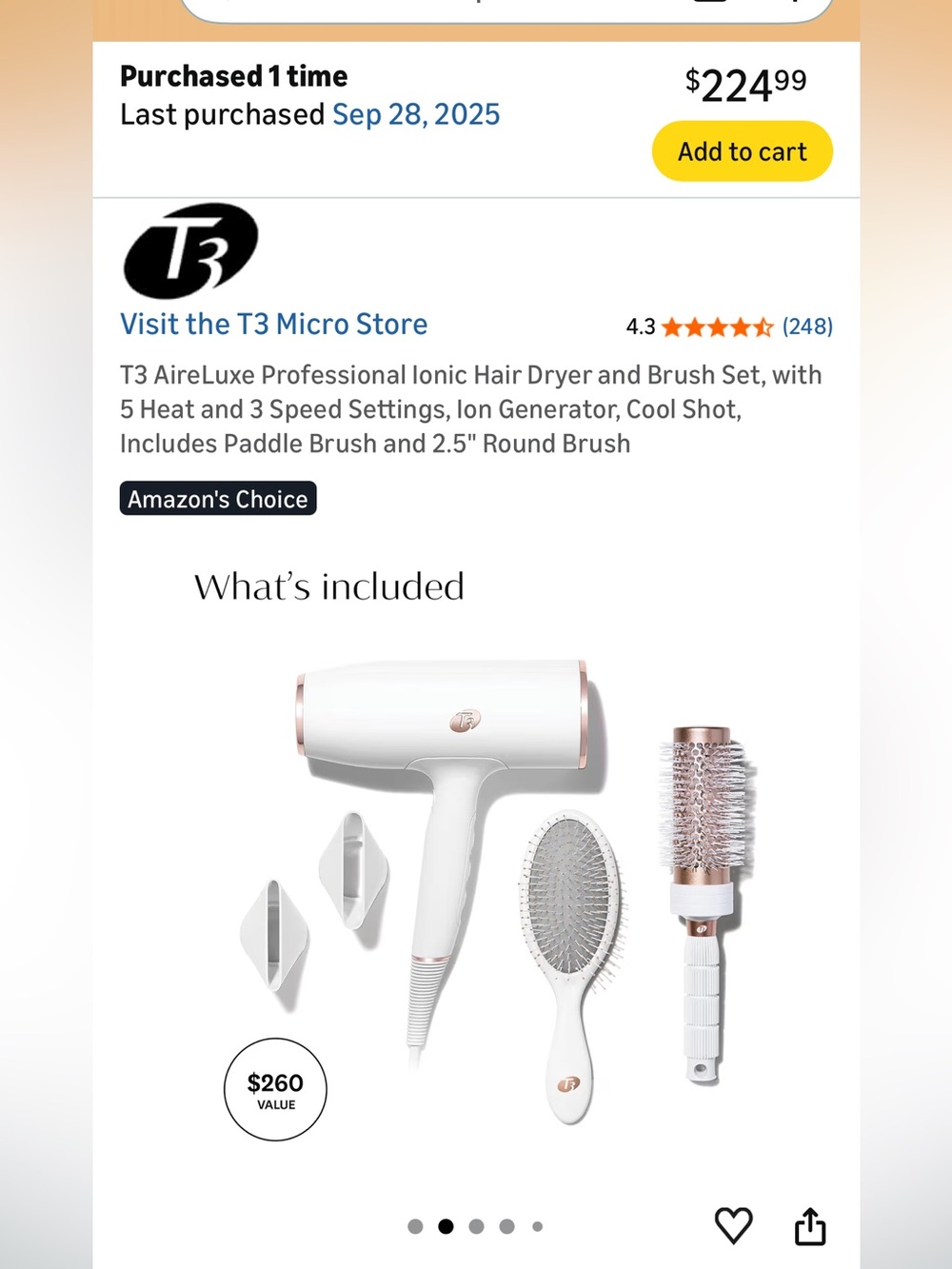 T3 White Hair Dryer and Brush Set with Rose Gold Accents